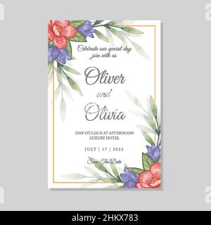 Hochzeitseinladung und Menüvorlage mit Blumen und Blättern Stock Vektor