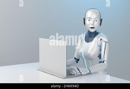 Eine Roboterin sitzt an einem Laptop an einem Tisch. 3D Rendering. Stockfoto