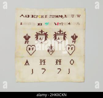 Kunst inspiriert von Leinensammler, auf dem mit Seide bestickt zwei Alphabete (Druckbuchstaben, Gothic), eine Zahlenreihe, drei Schilde, zwei Kronen und zwei Herzen mit Initialen und ANNO 1771, Diese Art von Sampler diente als Lehrmittel für die Kennzeichnung von Servietten und Taschentüchern, Klassische Werke, die von Artotop mit einem Hauch von Moderne modernisiert wurden. Formen, Farbe und Wert, auffällige visuelle Wirkung auf Kunst. Emotionen durch Freiheit von Kunstwerken auf zeitgemäße Weise. Eine zeitlose Botschaft, die eine wild kreative neue Richtung verfolgt. Künstler, die sich dem digitalen Medium zuwenden und die Artotop NFT erschaffen Stockfoto