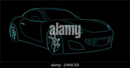 Moderne Auto Skizze Linie Silhouette Vorderansicht isoliert auf schwarzem Hintergrund. Vektorgrafik. Auto-Logo Stock Vektor