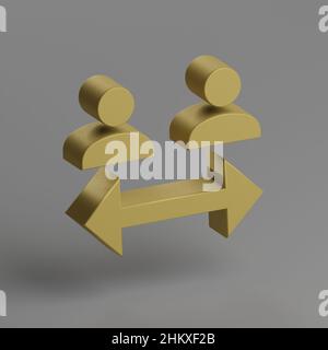 Symbol für soziale Distanz. Gelbe Symbole für soziale Netzwerke auf grauem Hintergrund. 3D Rendering-Illustration. Hintergrundmuster für Design. Stockfoto