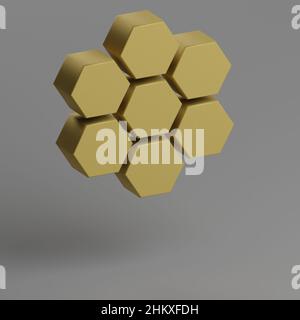 Hive-Symbol. Gelbe Symbole für soziale Netzwerke auf grauem Hintergrund. 3D Rendering-Illustration. Hintergrundmuster für Design. Stockfoto
