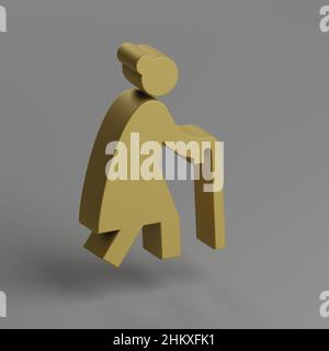 Symbol für ältere Frauen. Gelbe Symbole für soziale Netzwerke auf grauem Hintergrund. 3D Rendering-Illustration. Hintergrundmuster für Design. Stockfoto