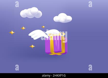 Flying Box im 3D Stil auf violettem Hintergrund Stock Vektor
