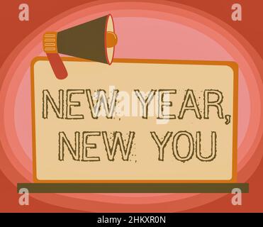 Text mit Inspiration New Year New You. Business Showcase 365 Tage Möglichkeiten, Ihre Erwartungen zu ändern Illustration von Megaphone auf Blank Stockfoto