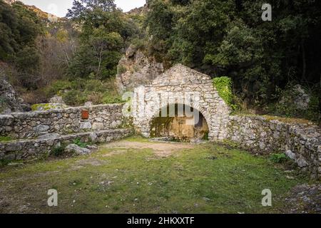 Funtana Bona, ein alter Steinbrunnen bei Lama in der Balagne auf Korsika Stockfoto