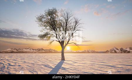 Einzelbaum Winter Frühling auf Sonnenuntergang Natur Wald Landschaft 3D Render Stockfoto