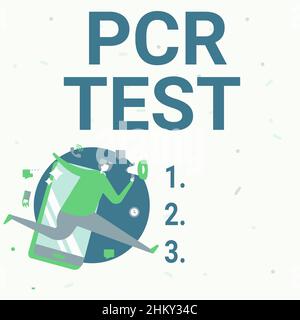 Konzeptioneller Titel PCR-Test. Geschäftskonzept qualitativer Nachweis des viralen Genoms innerhalb der kurzen Seqeunce von DNA man Drawing Holding Megaphon Stockfoto