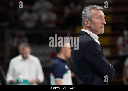 PalaBarton, Perugia, Italien, 05. Februar 2022, emanuele zanini (1-Grad-Allenatore consar ravenna) während des Sir Safety Conad Perugia gegen Consar Ravenna - Vo Stockfoto