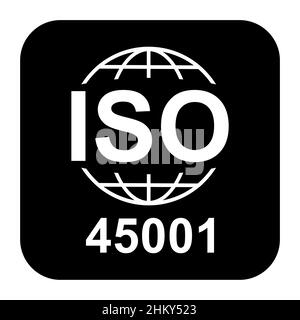 ISO 45001-Symbol. Arbeitssicherheit und Gesundheitsschutz. Symbol für Standardqualität. Vektor-Button-Zeichen auf schwarzem Hintergrund isoliert. Stock Vektor