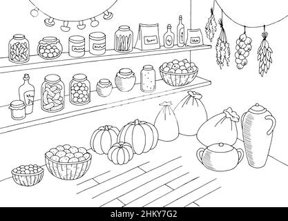 Pantry Innenraum Lagerung schwarz weiß Grafik Skizze Illustration Vektor Stock Vektor