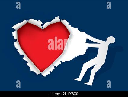 Öffnen Sie Ihr Herz, zerrissenes Papierkonzept. Illustration von Papier männlichen Silhouette reißen blaues Papier mit rotem Herz. Platzieren Sie Ihren Text oder Ihr Bild. Stock Vektor
