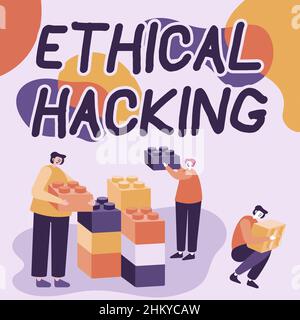 Schild mit ethischem Hacking. Geschäftsidee Akt der Auffindung von Schwächen und Schwachstellen von Computer-Kollegen, die Cube vertreten Stockfoto