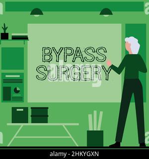 Konzeptionelle Darstellung Bypass Surgery. Wort für die Art der Operation, die den Blutfluss zum Herzen verbessert Geschäftsfrau Casual Standing präsentiert Charts und Stockfoto