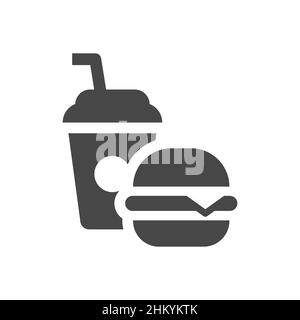 Vektorsymbol für Burger und Soda, Speisen und Getränke. Schwarz gefülltes Fastfood-Symbol. Stock Vektor