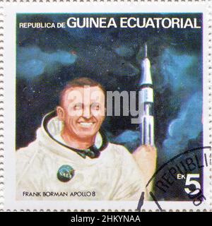 Abgesagte Briefmarke gedruckt von Äquatorialguinea, die Frank Borman - Apollo 8, um 1978 zeigt. Stockfoto