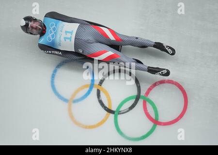 Yanqing, China. 06th. Februar 2022. Olympische Spiele, Rodeln, Männer-Single, 3rd Runden im National Sliding Center. David Gleirscher aus Österreich im Einsatz. Quelle: Michael Kappeler/dpa/Alamy Live News Stockfoto