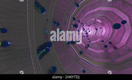 3D Illustration - Fliegende Kugeln durch futuristischen Science-Fiction-Tunnel. Stockfoto