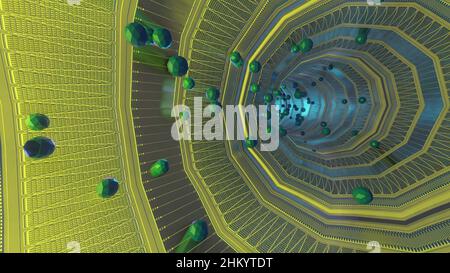 3D Illustration - Fliegende Kugeln durch futuristischen Science-Fiction-Tunnel. Stockfoto