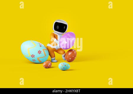 Kleiner astronautenspacejunge hält ostereier. Farbenfrohes Happy easter Grußdesign. 3D Rendern. Stockfoto