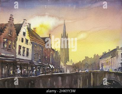 Brügge, Belgien Sonnenuntergang Malerei. Aquarell Belfried von Brügge erhebt sich über mittelalterlichen Gebäuden der Stadt. Wasserfarbe der Skyline von Brügge Stockfoto