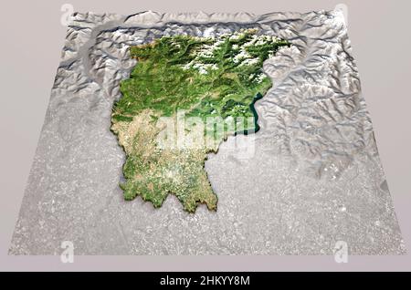 Satellitenansicht der Provinz Bergamo, Region Lombardia. Italien. 3D Rendern. Physische Karte, Ebenen, Berge, Seen, Gebirge Stockfoto