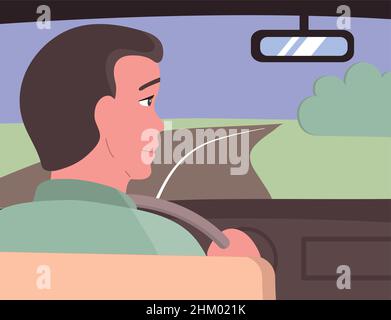 Reise, Reise. Ein junger Mann fährt ein Auto auf der Straße. Vektor flach. Stock Vektor