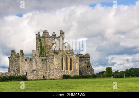 Zisterzienserkloster Dunbrody Abbey auf grüner Wiese gegen bewölkten Himmel, County Wexford, Irland Stockfoto