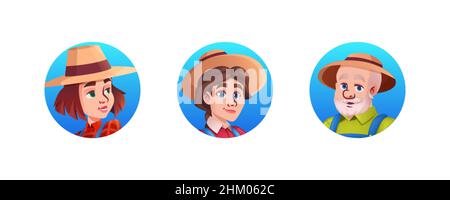 Frau und Mann Avatar Landwirt in Strohhut auf blauem Hintergrund. Gesicht Porträt von Gärtner Menschen. Agronomistische Person auf Bauernhof oder Garten Cartoon Vektor Illustration. Erntekonzept auf dem Land. Stock Vektor