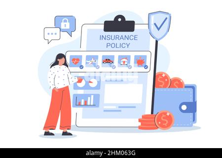 Versicherungsdienstleistungen mit Versicherungsformular. Sicherheit und Schutz von Eigentum, Auto, Leben und Gesundheit vor Schäden. Reise-, Medizin- und Immobilienversicherung. Flache Vektorgrafik mit Zeichen und Symbolen Stock Vektor