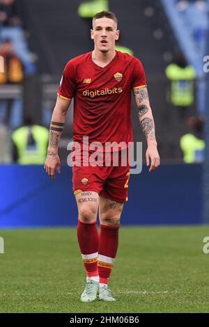 Rom, Italien. 05th. Februar 2022. Nicolò Zaniolo von AS Roma während des Fußballspiels Serie A im Stadio Olimpico, AS Roma gegen Genua am 5. Februar 2022 in Rom, Italien. (Foto: AllShotLive/Sipa USA) Quelle: SIPA USA/Alamy Live News Stockfoto