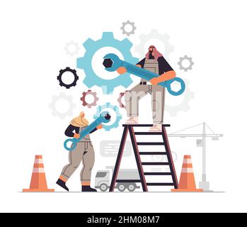 arabische Geschäftsleute mit rollstuhlrotierender Zahnradtechnologie und Arbeitsverfahren für die Entwicklung Stock Vektor