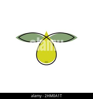 Abstrakte Olive in Form eines Tropfen Öl und Blätter, weißer Hintergrund. Das Konzept des Logos, Emblem Stock Vektor