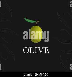 Reife Olive mit einem Blatt auf dunklem Grund. Logo-Konzept für die Konservierung und Olivenölproduktion Stock Vektor