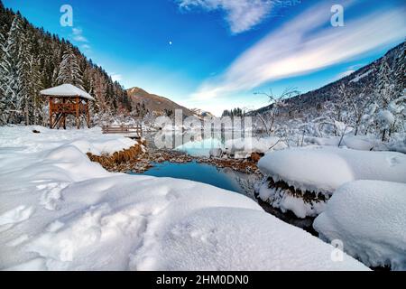 Kleiner smaragdgrüner See im Naturschutzgebiet Zelenci in der Nähe von Kranjska Gora, Slowenien Stockfoto