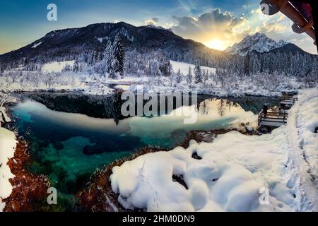 Kleiner smaragdgrüner See im Naturschutzgebiet Zelenci in der Nähe von Kranjska Gora, Slowenien Stockfoto