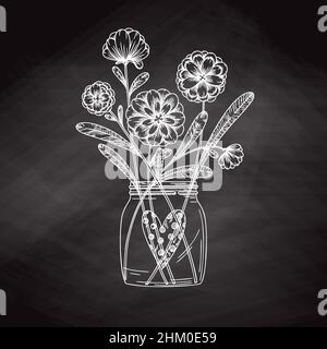 Blumen in einem Glas. Bouquet isoliert auf weißem Hintergrund. Vektorgrafik im Skizzenstil. Stock Vektor