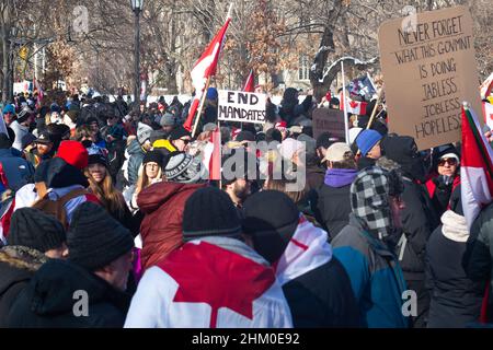 Toronto, ON, Kanada – 05. Februar 2022: Demonstranten versammeln sich in der Innenstadt von Toronto zu einem Protest gegen Covid-19-Impfvorschriften und -Beschränkungen. Stockfoto