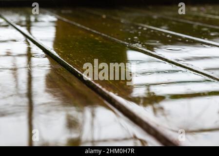 Nasse Oberfläche aus abgenutztem tropischem Holz mit grünem Moos, aufgenommen auf einer heimischen Terrasse Stockfoto