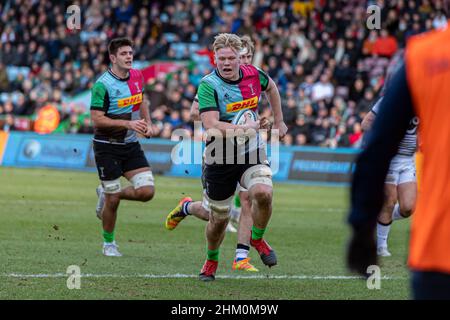 LONDON, GROSSBRITANNIEN. 06th, 2022. Feb. Während Harlequins vs Sale Sharks - Gallagher Premiership Rugby im Stoop Stadium am Sonntag, 06. Februar 2022. LONDON, ENGLAND. Kredit: Taka Wu/Alamy Live Nachrichten Stockfoto