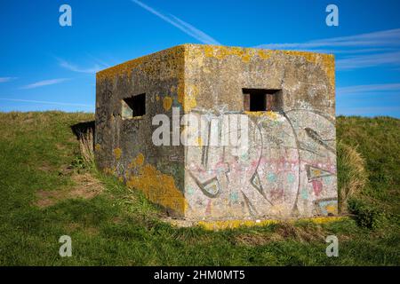 Sechseckige Betonsäulenbox, die in den Uferdamm am Fluss Crouch bei South Fambridge eingebaut wurde, um eine deutsche Invasion im Zweiten Weltkrieg zu verhindern. Stockfoto