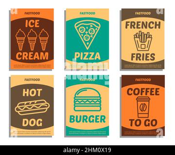Vektor-farbige Fast-Food-Poster. Vintage-Style. Enthält Symbole wie Pizza, Hot Dog, Pommes, Hamburger, Eis, Kaffee. Retro-Food-Hintergrund. Stock Vektor