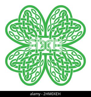 Vierblättriger Knoten in Kleeblattform aus keltischen Knoten in Herzform. Isolierte Vektordarstellung. Grüne Silhouette, keltisches Tattoo. Stock Vektor