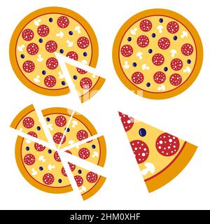 Pizza Slice Vektor, italienische Lebensmittel Pizzeria isoliert Ikone. Vektorgrafiken für das Menü der Pizzeria. Eine Vorspeise mit Pilzen, Salami und Oliven. Stock Vektor