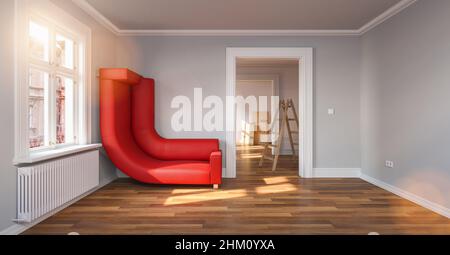 Platz sparen in einem kleinen Raum mit einem zur Wand gebogenen Sofa Stockfoto