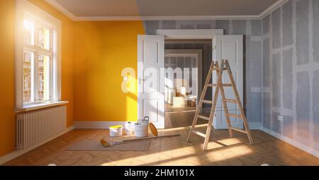 Vor und nach der Renovierung oder Renovierung wurde die Wand gelb gestrichen Stockfoto
