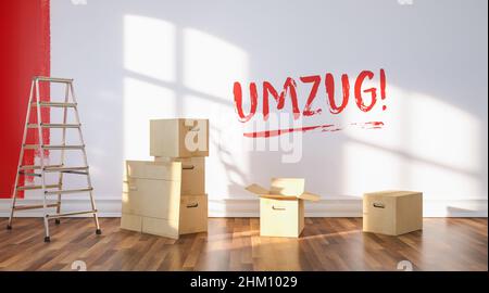 Umzug (deutsch für: Umzug in eine neue Wohnung ) geschrieben an der Wand mit roter frischer Farbe, Malwand rot im Zimmer einer Wohnung zu Umzug, mit Stockfoto