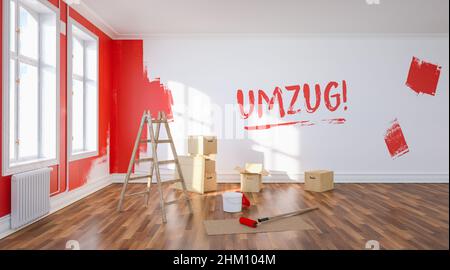 Umzug (deutsch für: Umzug in eine neue Wohnung ) geschrieben an der Wand mit roter frischer Farbe, Malwand rot im Zimmer einer Wohnung zu Umzug, mit Stockfoto