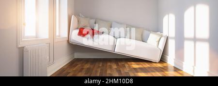 Kleines, kleines Wohnzimmer mit Platzproblemen und einem Sofa zwischen den Wänden, Bannergröße Stockfoto