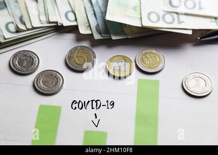 Auswirkungen des Coronavirus auf die polnische Wirtschaft und die polnische Währung Stockfoto